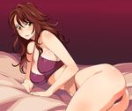  a1 ass bed bra breasts brown_eyes brown_hair gundam gundam_00 highres large_breasts lingerie long_hair lying navel on_side panties shiny shiny_skin solo stomach sumeragi_lee_noriega underwear underwear_only 