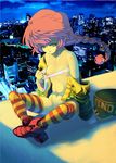  bad_id bad_pixiv_id boots bra bra_pull braid breasts city cityscape green_eyes lingerie long_hair medium_breasts multicolored multicolored_clothes multicolored_legwear navel nipples no_panties psychic_force red_hair rooftop sitting solo striped striped_legwear thighhighs underwear wendy_ryan yy 