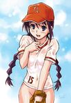  baseball_cap baseball_mitt baseball_uniform blue_eyes blush bottomless clothes_writing embarrassed hat kawase_ryouko lowres major maruto! no_panties purple_hair signature solo sportswear twintails 