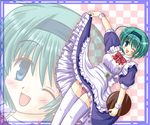  blue_eyes green_hair hairband hiiragi_tomoka one_eye_closed panties skirt skirt_lift smile solo striped striped_panties thighhighs to_heart_2 tray underwear waitress yoshioka_chie 