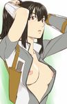  adjusting_hair bad_id bad_pixiv_id black_hair blush border_break breast_slip breasts brown_eyes long_hair medium_breasts nipples open_clothes open_shirt ponytail sawa_jaaji shirt solo 