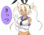  1girl adjusting_clothes adjusting_gloves animal_ears breasts bunny_ears commentary_request cosplay crop_top dark_skin elbow_gloves fake_animal_ears glasses gloves hair_between_eyes hairband highres inoue_kousei kantai_collection large_breasts long_hair looking_at_viewer musashi_(kantai_collection) navel neckerchief shimakaze_(kantai_collection) shimakaze_(kantai_collection)_(cosplay) shirt sleeveless sleeveless_shirt solo translation_request twintails upper_body white_background 