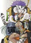  animal_hat animal_print breasts copyright_request dark_skin hat large_breasts legs long_hair naughty_face silver_hair single_thighhigh smile solo striped striped_legwear tail thighhighs tiger_print underboob yukiyanagi 