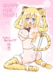  2010 animal_ears animal_print armpits ass bad_id bad_pixiv_id blonde_hair blue_eyes blush boots breasts chinese_zodiac elbow_gloves gloves highres homura_subaru large_breasts long_hair looking_back new_year original panties side-tie_panties solo striped striped_panties tail thigh_boots thighhighs tiger_ears tiger_print tiger_tail underwear undressing untied untied_panties year_of_the_tiger 