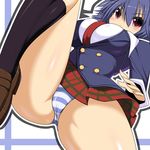  black_hair needless panties plaid plaid_skirt red_eyes school_uniform setsuna_(needless) shuz_(dodidu) skirt solo striped striped_panties underwear 