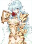  adapted_costume armor breasts flower genderswap genderswap_(mtf) gold_armor gold_saint green_eyes green_hair large_breasts lipstick long_hair lowres makeup pisces_aphrodite rose saint_seiya solo zodiac 