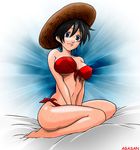  1girl agasan bed bikini black_eyes black_hair breasts brown_eyes dark_hair female genderswap hat large_breasts luffyko monkey_d_luffy one_piece scar short_hair solo swimsuit underboob 