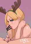 1boy 1girl 2022 antlers argskit artist_name bangs bar_censor blonde_hair breasts censored closed_mouth fake_antlers from_side hand_on_own_neck katarina_(league_of_legends) large_breasts league_of_legends long_hair nail_polish penis pink_background purple_nails scar scar_across_eye shiny_skin simple_background slay_belle_katarina veins veiny_penis 