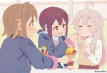  3girls :t ahoge bangs black_jacket blonde_hair blue_hair brown_hair closed_eyes commentary_request fang feeding green_eyes grey_hair highres holding holding_spoon hozuki_momiji indoors jacket light_blush long_hair long_sleeves multicolored_hair multiple_girls oka_asahi onii-chan_wa_oshimai! open_mouth oyama_mahiro parfait pink_hair red_eyes school_uniform short_hair short_ponytail spoon sue_(frederica--bernkastel) sweater twitter_username two-tone_hair two_side_up utensil_in_mouth white_sweater 