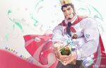  1boy absurdres bara borrowed_character bottle cape collared_shirt cowboy_shot crown facial_hair goatee happy_birthday highres holding holding_bottle large_hands large_pectorals long_sideburns male_focus muscular muscular_male my_eight necktie original pectorals red_cape salaryman shirt short_hair sideburns solo wine_bottle 