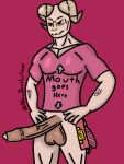  3:4 albino anthro bethesda_softworks clothing daniel_brisco deathclaw deathclaw_humanoid english_text fallout foreskin genitals holding_clothing holding_object holding_underwear horn hyper hyper_genitalia male muscular muscular_anthro muscular_male nexusdeathclaw novelty_clothing penis pink_clothing pink_shirt pink_topwear red_eyes shirt solo text topwear underwear vein veiny_muscles veiny_penis 