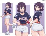  1girl absurdres ass bangs blue_choker breasts chainsaw_man character_name choker green_eyes hair_between_eyes hair_bun hands_on_hips highres hyyun_ho looking_at_viewer looking_down medium_breasts red_armband reze_(chainsaw_man) shirt_tucked_in short_hair shorts single_hair_bun smile standing standing_on_one_leg thigh_gap twitter_username two-tone_background white_footwear white_shorts 