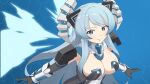  1girl armor blue_eyes blue_hair breasts cleavage commentary_request detached_collar elbow_gloves energy_wings from_above from_side gloves headgear horns kami_jigen_game_neptune_v kiseijou_rei_(goddess_form) large_breasts leotard long_hair looking_at_viewer makino_harumaki mechanical_gloves mechanical_horns neptune_(series) outstretched_arms power_symbol smile solo symbol-shaped_pupils upper_body very_long_hair 