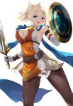  1girl bangs belt black_pantyhose blonde_hair blue_eyes breasts cait_aron cassandra_alexandra commentary elbow_gloves gloves hair_between_eyes highres holding holding_shield holding_sword holding_weapon large_breasts looking_at_viewer open_mouth pantyhose ponytail shield solo soulcalibur sword weapon white_gloves 