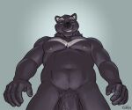  2023 abs anthro balls bear biceps chest_tuft first_person_view genitals grey_background grin kahlu looking_at_viewer low-angle_view male mammal manly muscular navel nipples oral_pov pecs penis pubes simple_background smile smirk smirking_at_viewer solo standing triceps tuft vein veiny_penis 