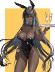  1girl animal_ears arm_at_side ass_visible_through_thighs bangs bare_shoulders black_hair black_leotard blue_archive blue_bow blue_bowtie border bow bowtie breasts breasts_apart closed_mouth covered_navel cup dark-skinned_female dark_skin detached_collar drinking_straw fake_animal_ears fishnet_pantyhose fishnets hair_between_eyes hand_up highleg highleg_leotard highres holding holding_tray jeneral karin_(blue_archive) karin_(bunny)_(blue_archive) large_breasts leotard long_hair looking_at_viewer mixed-language_commentary number_tattoo official_alternate_costume orange_background outside_border pantyhose ponytail rabbit_ears shoulder_tattoo solo strapless strapless_leotard tattoo tray two-tone_background white_border white_wrist_cuffs yellow_eyes 