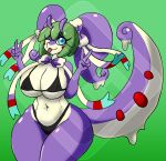  &lt;3 &lt;3_eyes anthro big_breasts bikini blue_eyes bow_ribbon bow_tie breasts chubby_female clothing diamond_grenadier eeveelution female fusion generation_6_pokemon gesture goodra green_hair hair hi_res lily_the_goodra looking_at_viewer nintendo one_eye_closed pokemon pokemon_(species) pokemon_fusion purple_body red_spots slightly_chubby slime solo spots swimwear sylveon v_sign wink winking_at_viewer 
