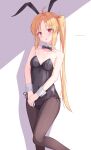  1girl absurdres animal_ears bare_shoulders black_leotard blonde_hair bocchi_the_rock! bow bowtie collarbone daidai_(daidai826) highres ijichi_nijika leotard long_hair looking_at_viewer open_mouth pantyhose playboy_bunny rabbit_ears red_eyes side_ponytail simple_background solo twitter_username very_long_hair white_background wrist_cuffs 