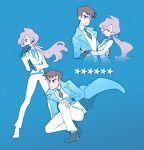  1boy 1girl alternate_color anabel_(pokemon) blue_background coat collared_shirt earpiece full_body gloves holding_hands looker_(pokemon) looking_at_viewer pokemon pokemon_(game) pokemon_masters_ex ponytail purple_eyes shirt sparkle standing star_(symbol) v-shaped_eyebrows vergolophus white_footwear 