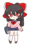  1girl alternate_costume blue_skirt hakurei_reimu highres kneehighs miniskirt necktie op_na_yarou pink_sweater red_necktie school_uniform serafuku shoes skirt socks solo sweater touhou white_background 