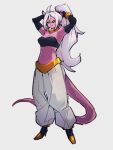  1girl alternate_hairstyle android_21 black_sclera breasts cleavage colored_sclera colored_skin dragon_ball dragon_ball_fighterz earrings full_body grey_background hoop_earrings jewelry kemachiku majin_android_21 medium_breasts pants pink_skin pointy_ears ponytail red_eyes simple_background solo standing tail white_hair white_pants 