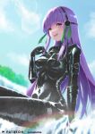  1girl absurdres bangs black_bodysuit black_gloves blue_sky blush bodysuit breasts covered_navel elbow_gloves fate/grand_order fate_(series) giant giantess gimp_suit gloves green_ribbon hair_ribbon heterochromia highres kamehito kingprotea_(fate) latex latex_bodysuit long_hair looking_at_viewer medium_breasts o-ring open_mouth purple_eyes purple_hair ribbon sky smile solo thighs very_long_hair xochitonal_(fate) yellow_eyes 