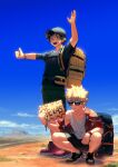  2boys :d alternate_costume annoyed arm_on_knee arm_on_thigh arm_up atmospheric_perspective backpack backpack_removed bag bakugou_katsuki bangs baseball_cap black_shirt black_shorts blonde_hair bloom blue_sky boku_no_hero_academia breast_pocket character_name cloud collarbone collared_shirt commentary day desert eyes_visible_through_eyewear freckles full_body grass green_eyes green_hair green_shorts grey_headwear hand_up hat hawaiian_shirt highres hill hitchhiking holding holding_sign horizon jewelry leaf_print letheyori light looking_afar male_focus midoriya_izuku multiple_boys off-shoulder_shirt off_shoulder open_clothes open_hand open_mouth open_shirt outdoors parted_lips pendant pineapple_print pocket red_eyes red_footwear road road_sign round_teeth sanpaku scar scar_on_arm scar_on_hand scowl shade shadow shirt shoes short_hair shorts sideways_glance sign single_bare_shoulder sky sleeveless smile snap-fit_buckle sneakers spiked_hair spoilers squatting standing sunglasses sunlight t-shirt tank_top teeth texas thumbs_up twitter_username undershirt upper_teeth_only v-shaped_eyebrows watch white_tank_top wristwatch yellow_bag 