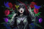  1girl bangs black_background black_hair black_neckerchief blood blood_from_eyes blood_from_mouth blue_butterfly blue_eyes blue_flower bug butterfly butterfly_on_head dilated_pupils flower grey_sailor_collar grey_serafuku grey_shirt hand_up horror_(theme) leaf leftside119 long_hair long_sleeves looking_at_viewer neckerchief open_mouth original purple_flower red_flower sailor_collar sailor_shirt school_uniform serafuku shirt solo standing upper_body yellow_butterfly 