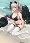  1girl absurdres animal_ears arknights bare_arms bare_shoulders beach bikini black-framed_eyewear black_bikini black_hair breasts cleavage collarbone commission eyewear_removed fang feater_(arknights) grey_hair hair_over_one_eye halterneck highres holding holding_eyewear large_breasts long_hair looking_at_viewer mechanical_arms medium_hair molyb multicolored_hair navel no_shoes open_mouth panda_ears revision round_eyewear side-tie_bikini_bottom sitting skin_fang skindentation solo stomach string_bikini sunglasses swimsuit thighhighs thighs tinted_eyewear twintails two-tone_hair wariza water white_thighhighs yellow_eyes 