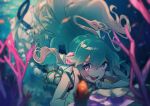  1girl aqua_hair bangs blue_eyes blurry coral_reef depth_of_field dress finana_ryugu flower gradient_eyes green_dress hair_between_eyes hair_flower hair_ornament head_fins highres long_hair looking_at_viewer multicolored_eyes nijisanji nijisanji_en open_mouth pink_eyes purple_flower smile solo swimming teeth underwater upper_teeth_only virtual_youtuber yamagamearts 