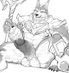  abs anthro armor balls biceps bodily_fluids canid canine canis clothing erection fur genitals humanoid_genitalia humanoid_penis league_of_legends male mammal monochrome muscular muscular_anthro muscular_male muscular_thighs nasus_(lol) nipples nude paws pecs penis riot_games serratus simple_background sitting smile solo teeth triceps vein wulfer-shepherd 