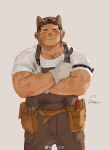  1boy absurdres animal_ear_headwear bara blush brown_hair brown_overalls crossed_arms dark-skinned_male dark_skin ear_piercing facial_hair facing_viewer feet_out_of_frame goatee goo_(koushishikou11) highres holding holding_wrench large_pectorals long_sideburns male_focus muscular muscular_male original overalls pectoral_cleavage pectorals piercing see-through see-through_shirt shirt short_hair sideburns smile solo straight-on stubble sweat thick_eyebrows tusks white_shirt wrench 