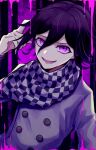  1boy blood blood_splatter checkered_clothes checkered_scarf danganronpa_(series) danganronpa_v3:_killing_harmony hair_between_eyes looking_at_viewer lower_teeth_only male_focus multicolored_buttons open_mouth ouma_kokichi pink_blood purple_eyes purple_hair raised_eyebrow scarf short_hair smile solo teeth wavy_hair yaguranomon 