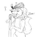  2017 canid canine canis clothing collar domestic_dog fangs female feral fur hair half-closed_eyes hasbro hat headgear headwear hi_res littlest_pet_shop looking_at_viewer mammal marcushunter microphone microphone_stand musical_note narrowed_eyes open_mouth paws raised_tail signature singing solo standing standing_on_hind_legs tail teeth tongue zoe_trent 