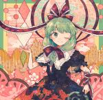  1girl arm_ribbon black_dress bow closed_mouth dress frilled_bow frilled_ribbon frilled_sleeves frills front_ponytail green_eyes green_hair hair_bow hair_ribbon highres itomugi-kun kagiyama_hina long_hair one_eye_closed puffy_short_sleeves puffy_sleeves red_bow red_ribbon ribbon short_sleeves smile solo touhou 