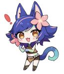 ! 1girl :d animal_ears artist_name bare_arms bare_shoulders belt blue_hair blush_stickers brown_shorts cat_ears cat_tail chibi crop_top dokumi fang flower freckles full_body hair_flower hair_ornament highres league_of_legends multicolored_hair navel neeko_(league_of_legends) orange_eyes paw_pose pink_flower shorts simple_background smile solo stomach tail two-tone_hair white_background 