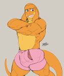  2_penises anthro big_penis blue_eyes blush bottomwear clothing crossed_arms genitals hi_res locke_(spoongod) male multi_genitalia multi_penis muscular muscular_male open_mouth orange_body penis pink_bottomwear pink_clothing pink_shorts shirtless_male shorts solo spoongod tail 