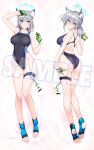  1girl animal_ear_fluff animal_ears ass black_one-piece_swimsuit blue_archive blue_eyes breasts competition_swimsuit dakimakura_(medium) feet gloves green_gloves grey_hair halcon halo large_breasts legs looking_at_viewer lying no_shoes on_back one-piece_swimsuit racerback sample_watermark shiroko_(blue_archive) short_hair soles swimsuit toenails toes 