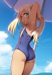  1girl ass beach_umbrella blonde_hair blue_eyes blue_one-piece_swimsuit blue_sky breasts cloud commentary_request from_behind fuu_(koneko_no_yomeiri) hair_tie highres idolmaster idolmaster_cinderella_girls layla_(idolmaster) looking_back mouth_hold one-piece_swimsuit petite shade sky small_breasts solo swimsuit tan tying_hair umbrella 