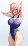  1girl absurdres armpits arms_behind_head blue_background blue_eyes blue_one-piece_swimsuit breasts covered_nipples gradient_background highleg highleg_swimsuit highres large_breasts looking_at_viewer one-piece_swimsuit open_mouth princess_connect! school_swimsuit sira_(user_dswn7488) solo swimsuit yui_(princess_connect!) 