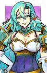  1girl aqua_hair armor bare_shoulders bow breasts chloe_(fire_emblem) cleavage commentary covered_navel elbow_gloves fire_emblem fire_emblem_engage gloves green_eyes hair_bow highres large_breasts long_hair looking_at_viewer maeca_art orange_bow shoulder_armor smile solo upper_body very_long_hair white_gloves 