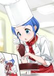  &gt;_&lt; 1girl alternate_costume blue_eyes blue_hair blush chef chef_hat chocolate hat holding kantai_collection multiple_views open_mouth samidare_(kancolle) short_hair short_sleeves valentine white_headwear yokoshima_(euphoria) 