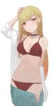  1girl black_choker blonde_hair bra breasts choker highres hiroki_(yyqw7151) kitagawa_marin long_hair looking_at_viewer medium_breasts navel panties red_bra red_eyes red_panties simple_background smile sono_bisque_doll_wa_koi_wo_suru stomach underwear white_background 