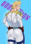  1boy absurdres antiartxxx1 ass back bara blonde_hair blue_bodysuit blue_eyes bodysuit boku_no_hero_academia closed_mouth gloves hands_on_hips highres male_focus muscular muscular_male red_gloves short_hair smile solo thick_thighs thighs togata_mirio twitter_username two-tone_bodysuit white_bodysuit 