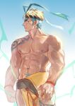  1boy abs bara character_request crrispy_shark headband highres large_pectorals long_sideburns looking_to_the_side male_focus multicolored_hair muscular muscular_male navel_hair nipples pectorals pelvic_curtain short_hair sideburns solo stomach sunlight sweat topless_male tribal two-tone_hair world_flipper 