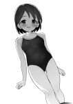  1girl bangs blush braid buta_tsuzumi cameltoe clenched_hands collarbone commentary_request covered_navel dot_nose dutch_angle female_child flat_chest from_above greyscale idolmaster idolmaster_cinderella_girls legs looking_at_viewer monochrome open_mouth sasaki_chie short_hair smile solo thighs wet 