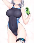  1girl armpits ass_visible_through_thighs bed_sheet black_one-piece_swimsuit blue_archive breasts choker collarbone commentary_request covered_navel dakimakura_(medium) earrings gloves green_gloves grey_hair halcon head_out_of_frame highleg highleg_swimsuit jewelry large_breasts lying medium_hair on_back one-piece_swimsuit shiroko_(blue_archive) single_thighhigh solo stud_earrings swimsuit thighhighs 