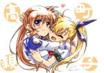  2girls artist_name blonde_hair blue_eyes blush brown_hair closed_eyes closed_mouth dated hair_ribbon heart hug long_hair looking_at_viewer lyrical_nanoha mahou_shoujo_lyrical_nanoha_strikers mahou_shoujo_lyrical_nanoha_vivid mother_and_daughter multiple_girls open_mouth ponytail ribbon san-pon side_ponytail smile takamachi_nanoha vivio 