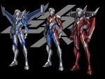  3boys 3ok alien alternate_universe armor armored_boots blue_bodysuit bodysuit boots breastplate clenched_hand clenched_hands coat fingerless_gloves flash_type_(ultraman) gauntlets gloves glowing glowing_eyes highres jacket leg_armor male_focus miracle_type_(ultraman) multiple_boys no_humans open_clothes open_hand open_jacket pauldrons red_bodysuit rocket_launcher shoulder_armor shoulder_cannon shoulder_pads single_fingerless_glove skin_tight solo standing strong_type_(ultraman) tokusatsu ultra_series ultraman_(hero&#039;s_comics) ultraman_dyna ultraman_dyna_(series) ultraman_suit weapon white_gloves wings yellow_eyes 