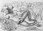  2021 anthro balls biceps bodily_fluids body_hair bovid bovine chest_hair erection european_mythology feral flower genital_fluids genitals greek_mythology group hooves humanoid humanoid_genitalia humanoid_penis male mammal marc_debauch minotaur mythology navel nipples penis plant precum pubes 